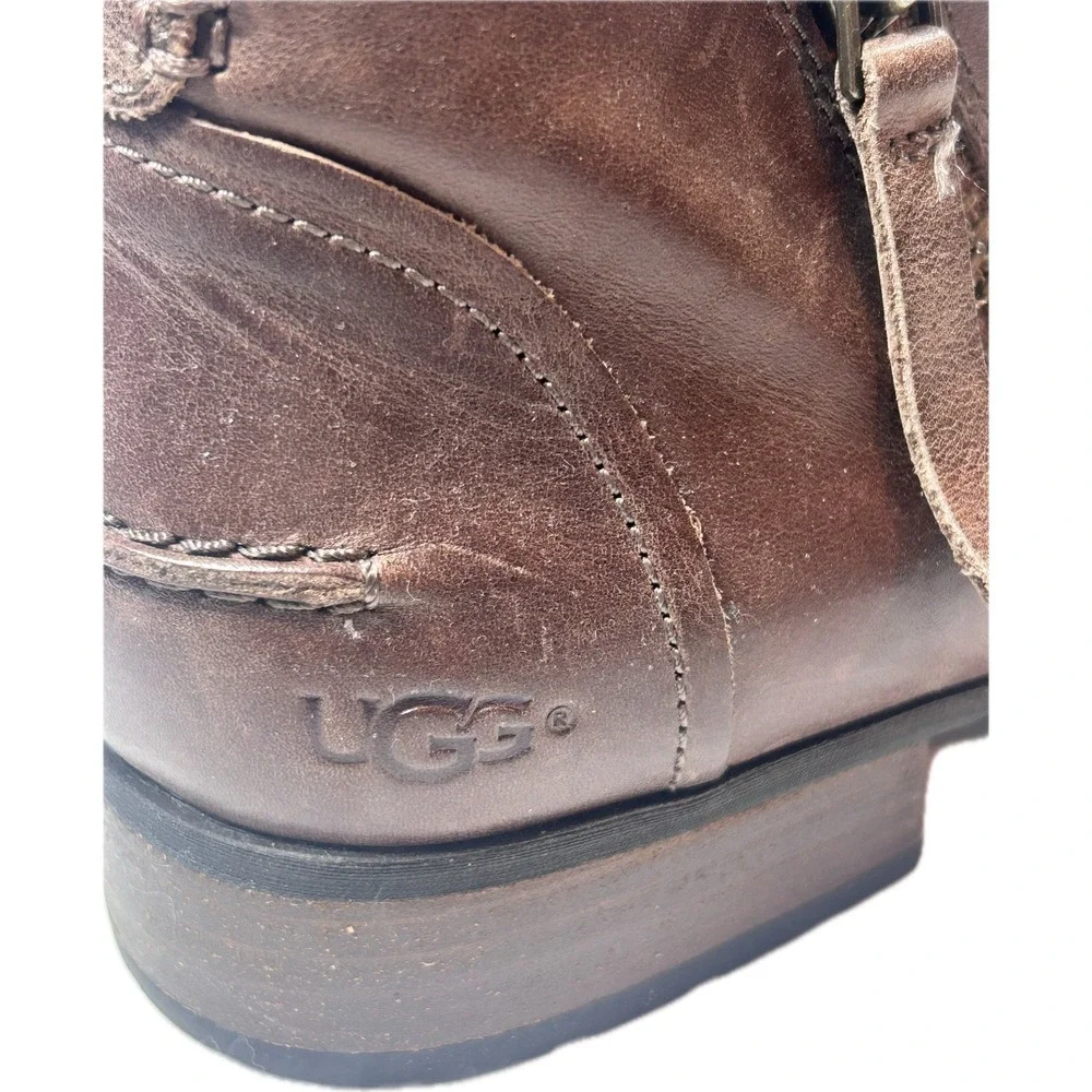 UGG Aureo 1098314 Women's 10 Brown Leather Side Zip Ankle Boots Booties